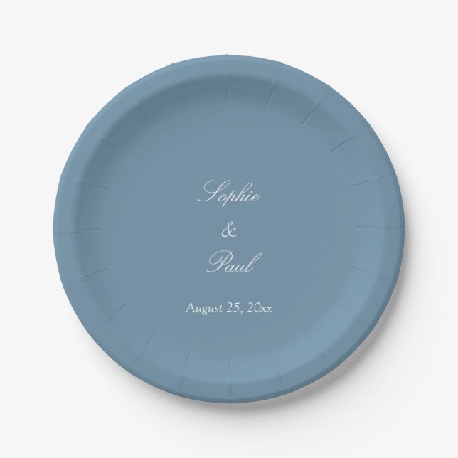 Elegant Dusty Blue Wedding Paper Plates (Front)