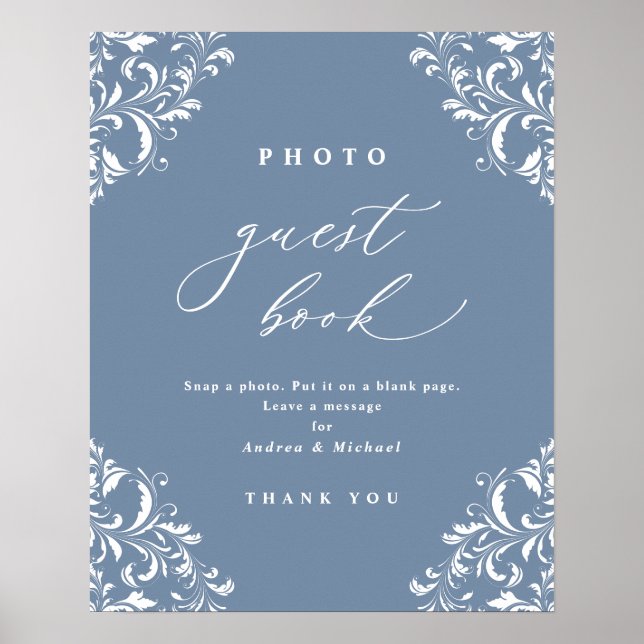 Elegant Dusty Blue Wedding Photo Guest Book Sign (Front)