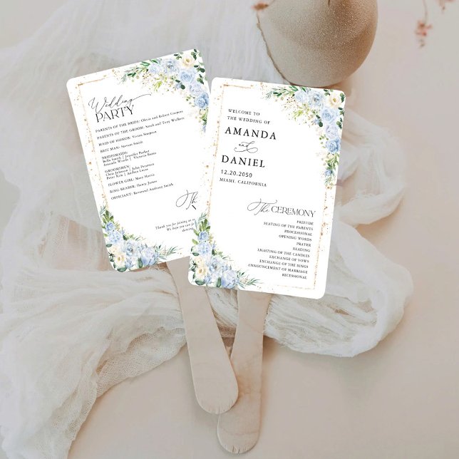 Elegant Dusty Blue Wedding Program  Hand Fan (Creator Uploaded)