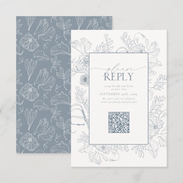 Elegant Dusty Blue Wedding QR Code Please Reply RSVP Card (Front/Back)