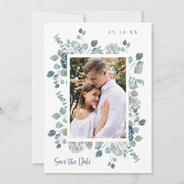 Elegant Dusty Blue Wedding Save The Date (Front)