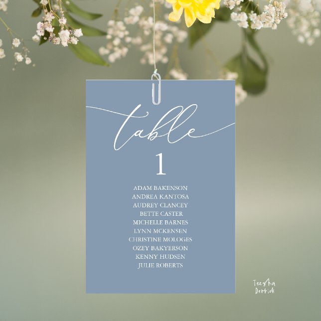 Elegant Dusty Blue Wedding Table Seating Chart Number (Elegant Wedding Dinner Table Hanging Seating Chart Card, with Table Number Guest Names Dusty Blue)