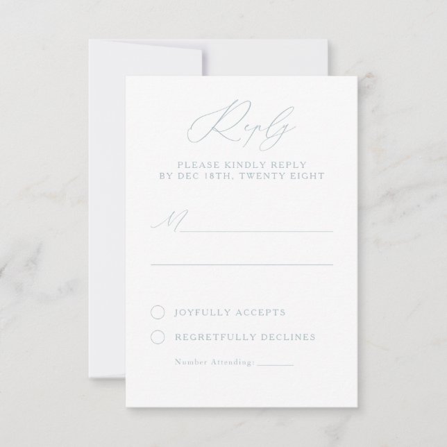 Elegant Dusty Blue & White Calligraphy RSVP Card (Front)