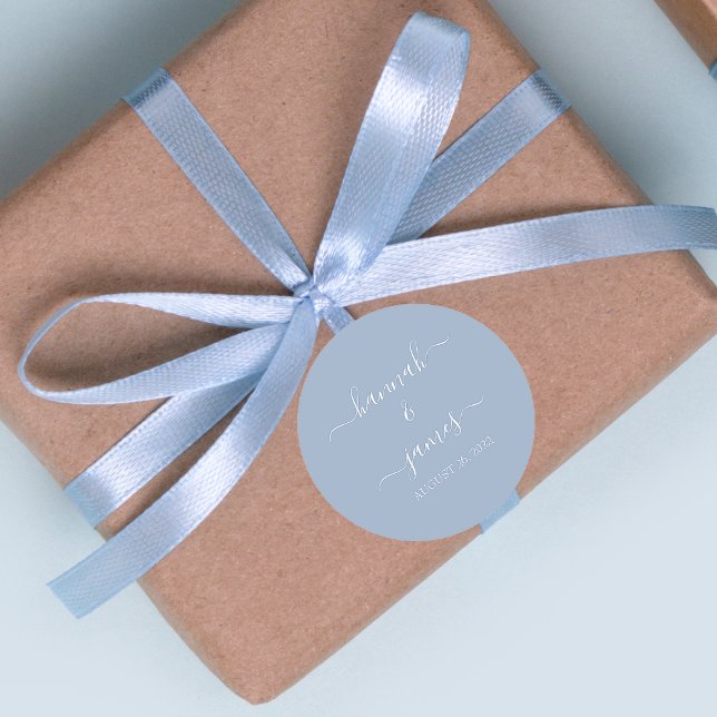 Elegant Dusty Blue White Calligraphy Wedding Classic Round Sticker (Creator Uploaded)