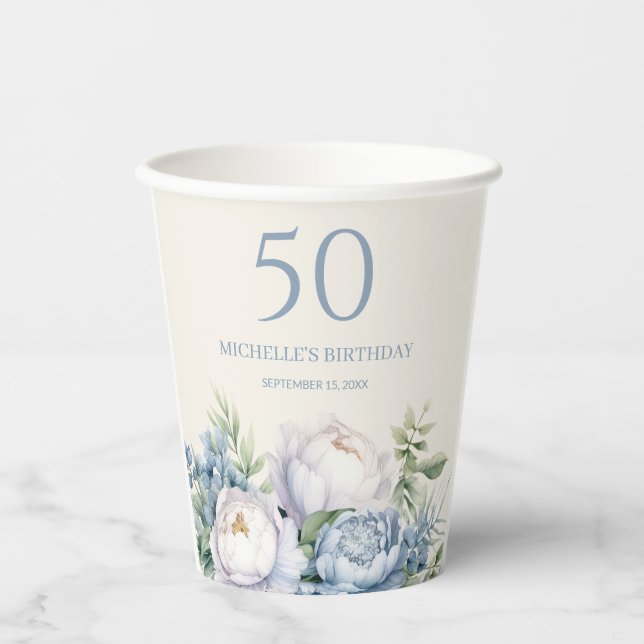 Elegant Dusty Blue White Floral 50th Birthday Name Paper Cups (Front)