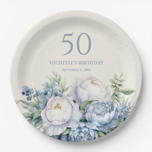 Elegant Dusty Blue White Floral 50th Birthday Name Paper Plate