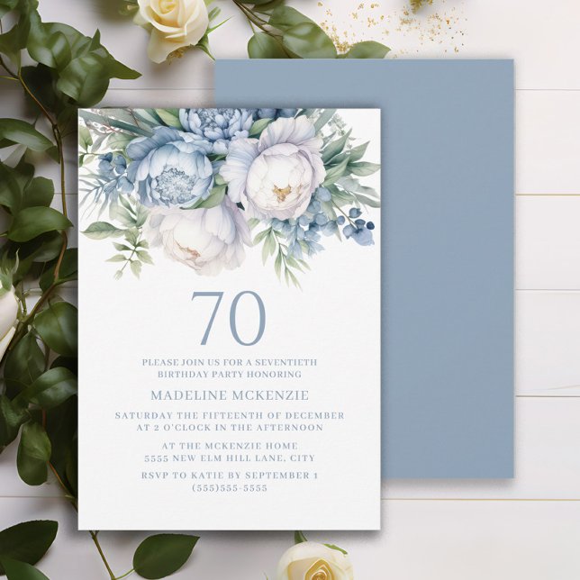 Elegant Dusty Blue White Floral 70th Birthday Invitation (Elegant dusty blue and white watercolor floral 70th birthday party invitation)