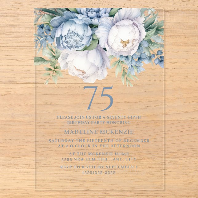 Elegant Dusty Blue White Floral 75th Birthday Acrylic Invitations (Front)