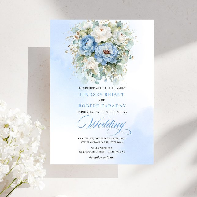 Elegant Dusty Blue White Floral Gold Wedding Invitation (Elegant Dusty Blue White Floral Gold Wedding Invitation)