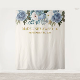 Elegant Dusty Blue White Floral Sweet 16 Photo  Tapestry