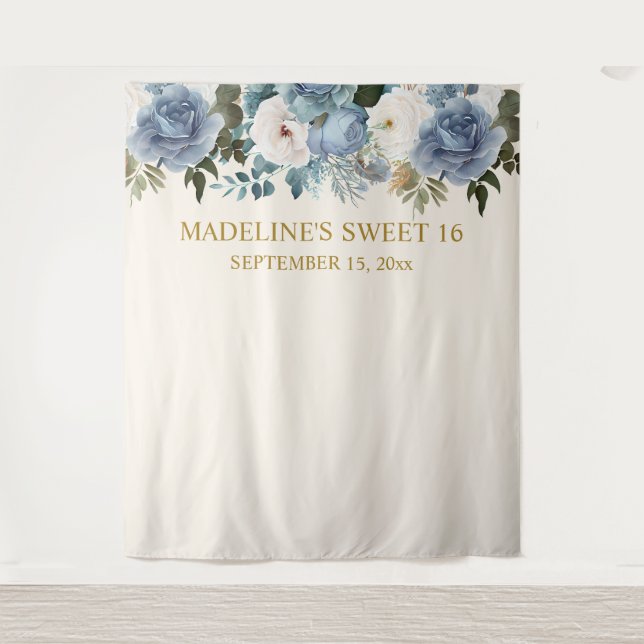 Elegant Dusty Blue White Floral Sweet 16 Photo  Tapestry (Front)