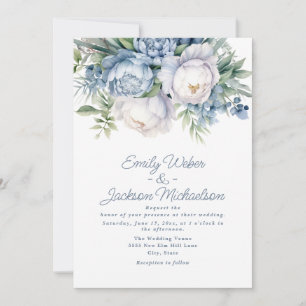 Elegant Dusty Blue White Floral Wedding Invitation