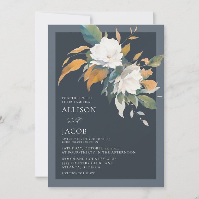 Elegant Dusty Blue White Floral Wedding Invitation (Front)