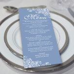 Elegant Dusty Blue & White Frilly Corners Wedding Menu<br><div class="desc">This lovely dusty blue or periwinkle coloured menu will add some style to your wedding reception. It features a simple yet beautiful design with elegant script lettering and ornate decorative white curls and swirls in the corners. There is space for the names of the couple and wedding date, and the...</div>