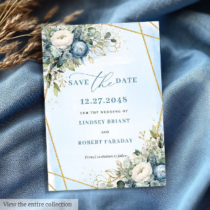 Elegant Dusty Blue White Gold Floral Save The Date Invitation
