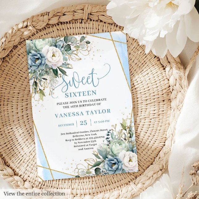 Elegant Dusty Blue White Gold Floral Sweet 16   Invitation (Elegant Dusty Blue White Gold Floral Sweet 16 Invitation)