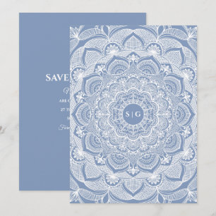 Elegant dusty blue white lace mandala classic save the date