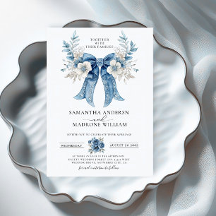 Elegant Dusty Blue White Rose Floral Bow Wedding Invitation