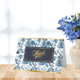 Elegant Dusty Blue White Rose Floral Personalize Thank You Card