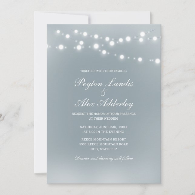 Elegant Dusty Blue White String Lights Wedding Invitation (Front)