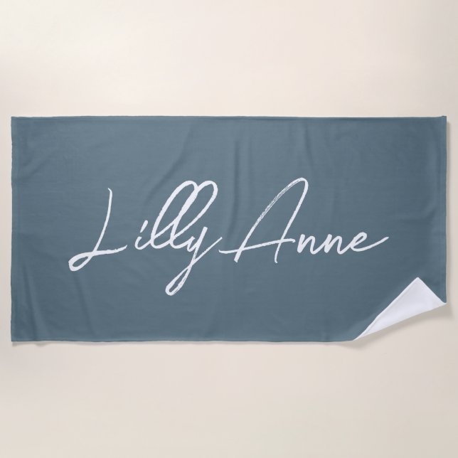 Elegant Dusty Blue White Trendy Script Name Beach Towel (Front)