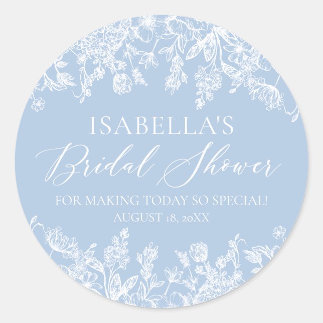 Elegant Dusty Blue White Wildflower Bridal Shower  Classic Round Sticker (Front)