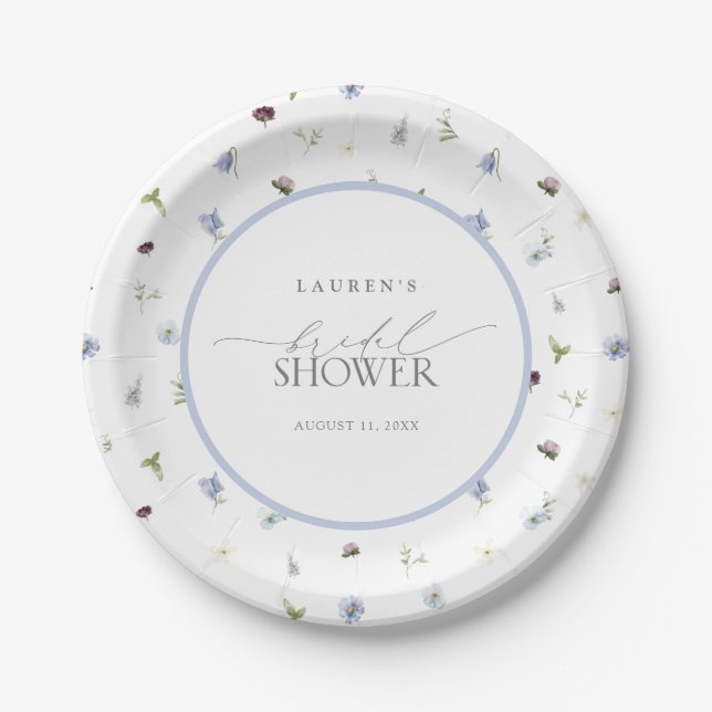 Elegant Dusty Blue Wildflower Bridal Shower Paper Plate (Front)