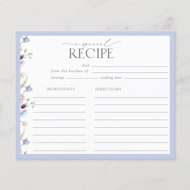 Elegant Dusty Blue Wildflower Bridal Shower Recipe (Front)