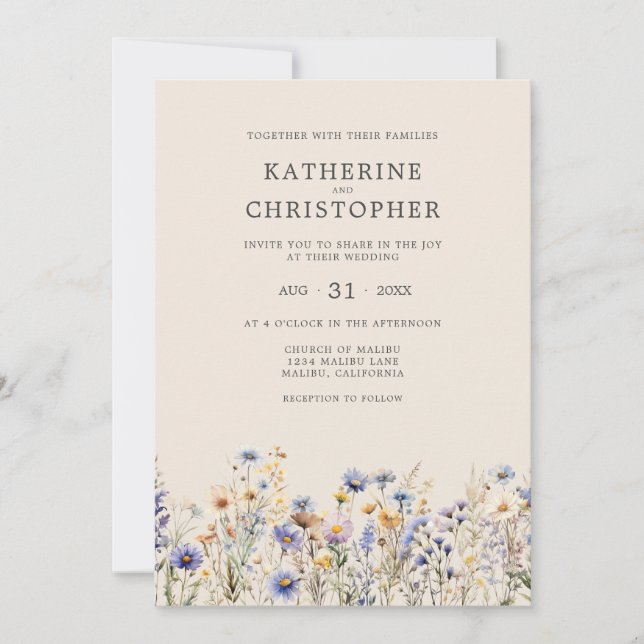 Elegant Dusty Blue Wildflower Budget Beige Wedding Invitation (Front)