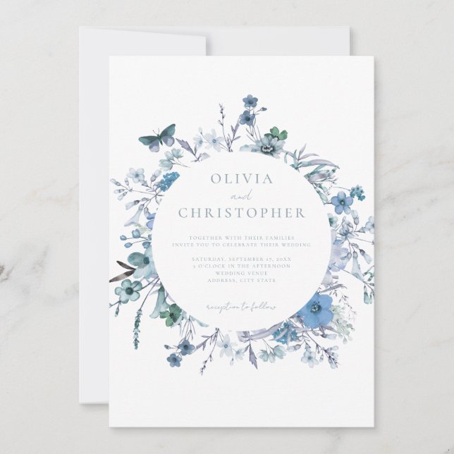 Elegant Dusty Blue Wildflower Floral Wedding Invitation (Front)