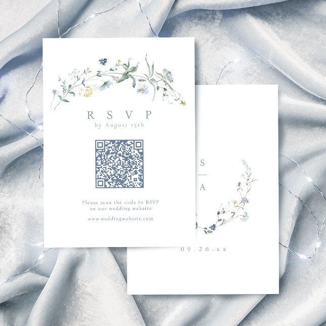 Elegant Dusty Blue Wildflower Rustic Boho QR code  RSVP Card (Elegant Dusty Blue Wildflower Rustic Boho QR code RSVP Card)