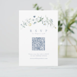 Elegant Dusty Blue Wildflower Rustic Boho QR code  RSVP Card