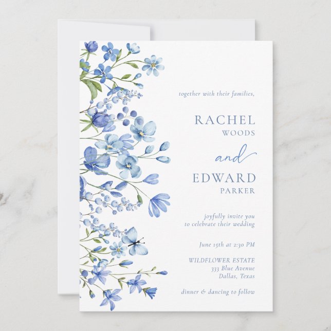 Elegant Dusty Blue Wildflower Wedding Invitation (Front)