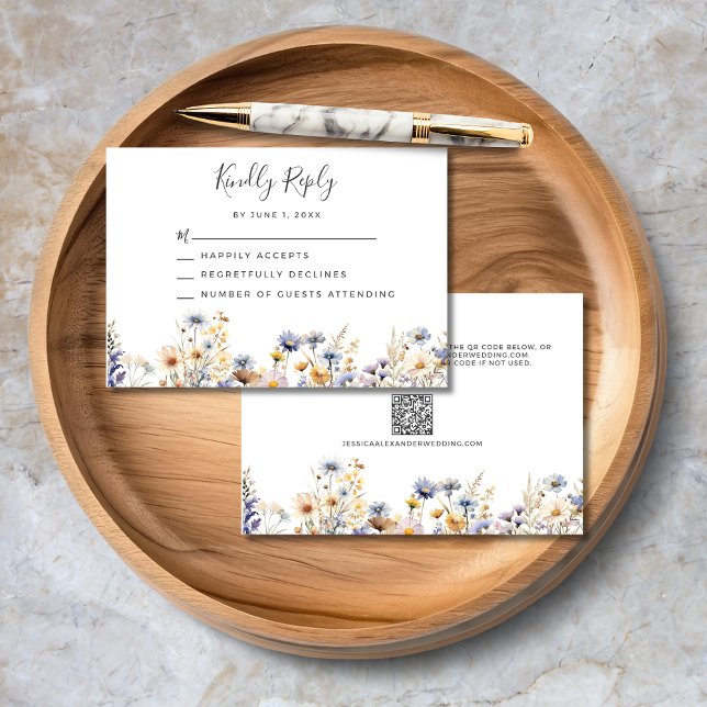 Elegant Dusty Blue Wildflowers QR Code Wedding RSVP Card (Elegant Dusty Blue Wildflowers QR Code Wedding RSVP Card with watercolor flowers, script text.)