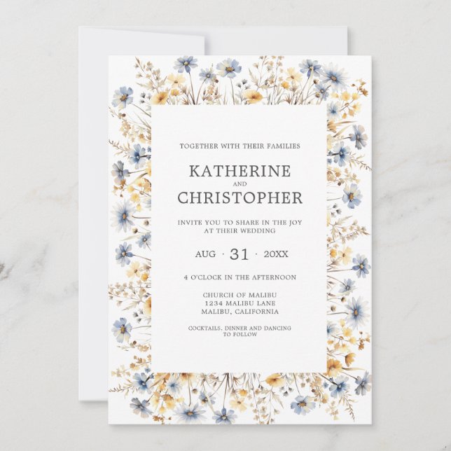 Elegant Dusty Blue Wildflowers Watercolor Wedding Invitation (Front)