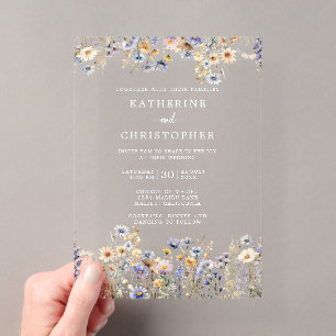 Elegant Dusty Blue Wildflowers Wedding Clear Acrylic Invitations