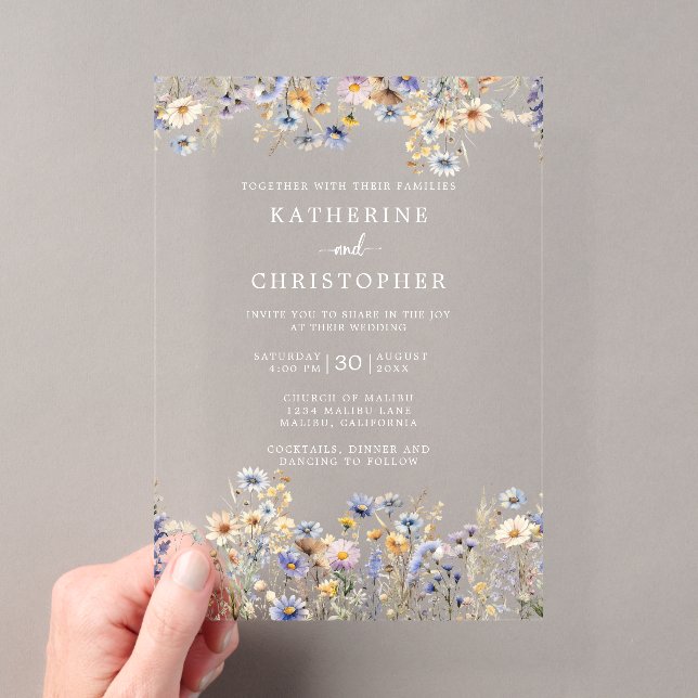 Elegant Dusty Blue Wildflowers Wedding Clear Acrylic Invitations (Insitu (Handheld))