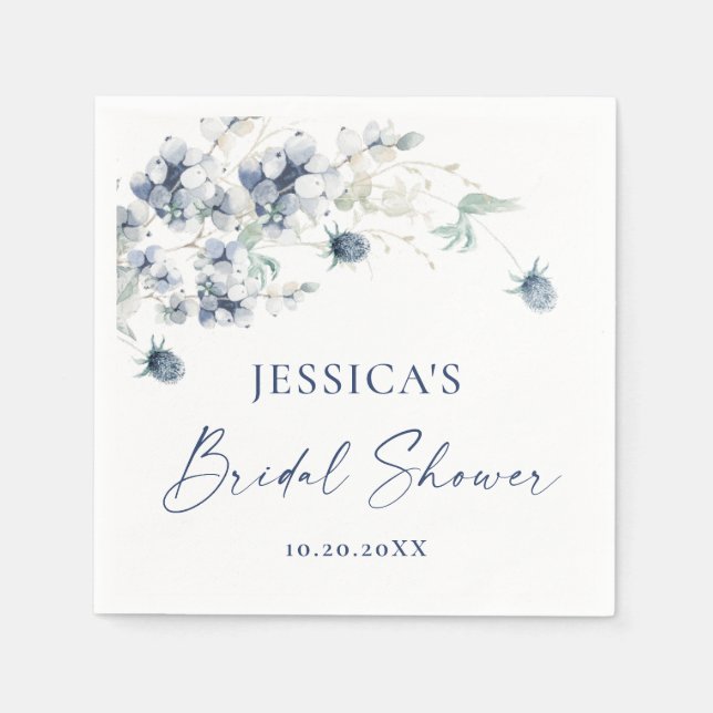 Elegant Dusty Blue Winter Foliage Bridal Shower Napkin (Front)