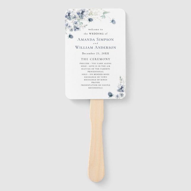 Elegant Dusty Blue Winter Foliage Wedding Program Hand Fan (Front)