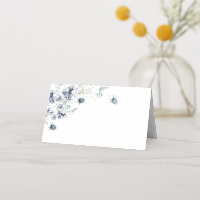 Elegant Dusty Blue Winter Foliage Wedding Table Place Card (Front)