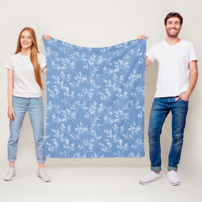 Elegant Dusty Blue Winter Frost Botanical Fleece Blanket (In Situ)