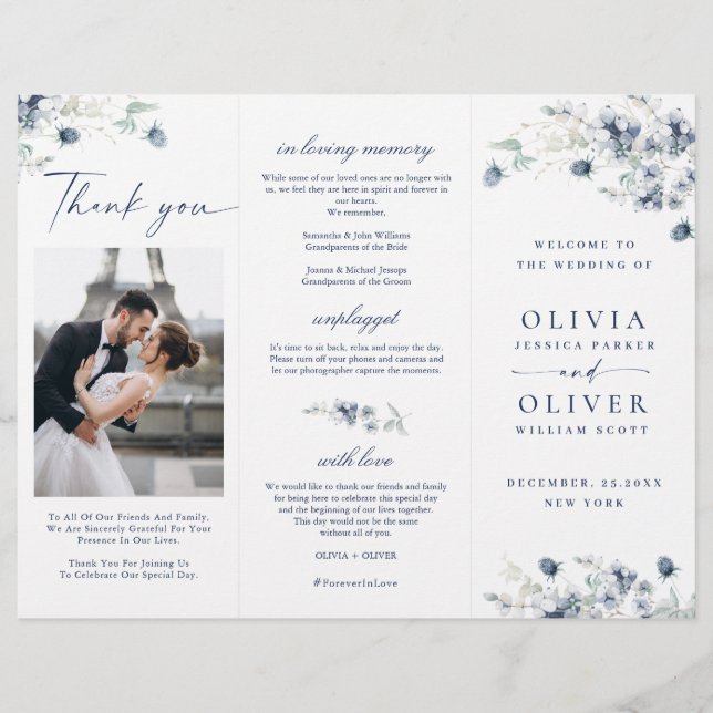 Elegant Dusty Blue Winter Wedding Ceremony Program (Front)