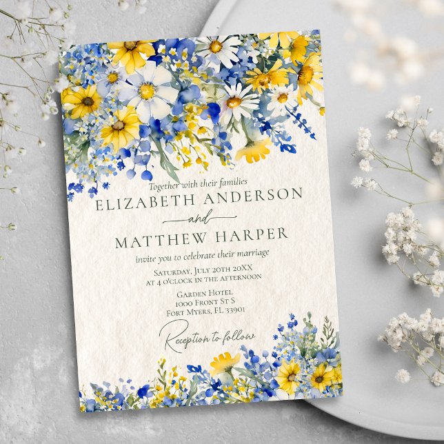 Elegant Dusty Blue Yellow Wildflowers Boho Wedding Invitation (Creator Uploaded)