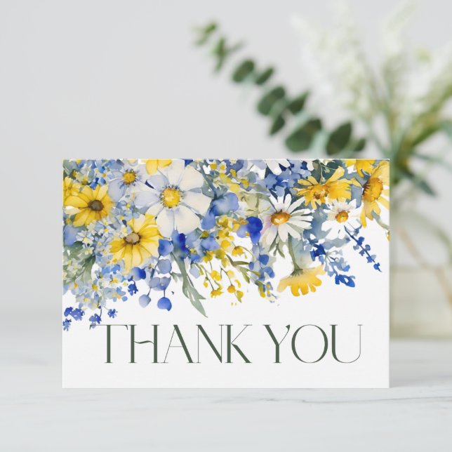 Elegant Dusty Blue Yellow Wildflowers Boho Wedding Thank You Card (Standing Front)