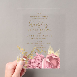 Elegant Dusty Blush Gold Rose Floral Wedding Acrylic Invitations