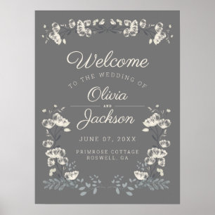 Elegant dusty gray & white floral wedding welcome poster