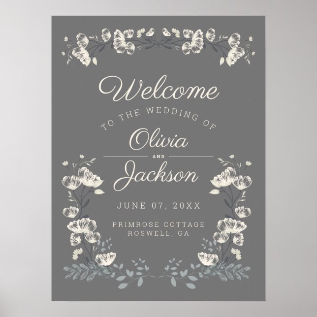 Elegant dusty gray & white floral wedding welcome poster (Front)