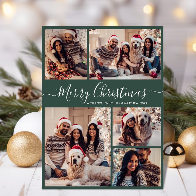 Elegant Dusty Green 5 Photo Collage Christmas  Holiday Card (Creator Uploaded)