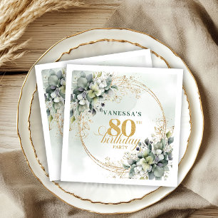 Elegant Dusty Green Gold Eucalyptus 80th Birthday Napkin