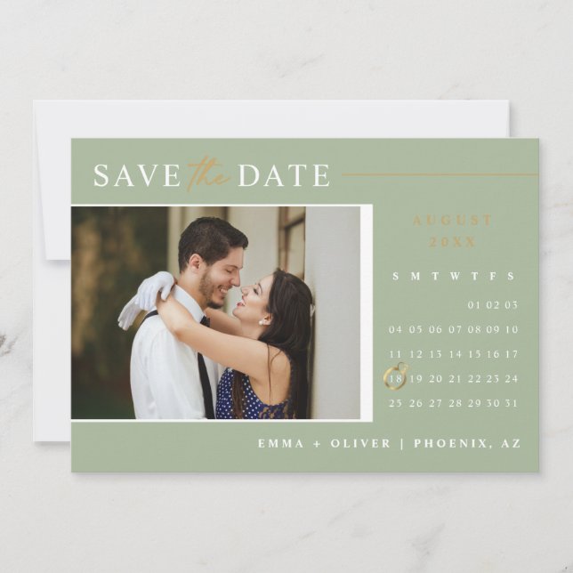 Elegant Dusty Green Gold Save the Date Calendar Invitation (Front)